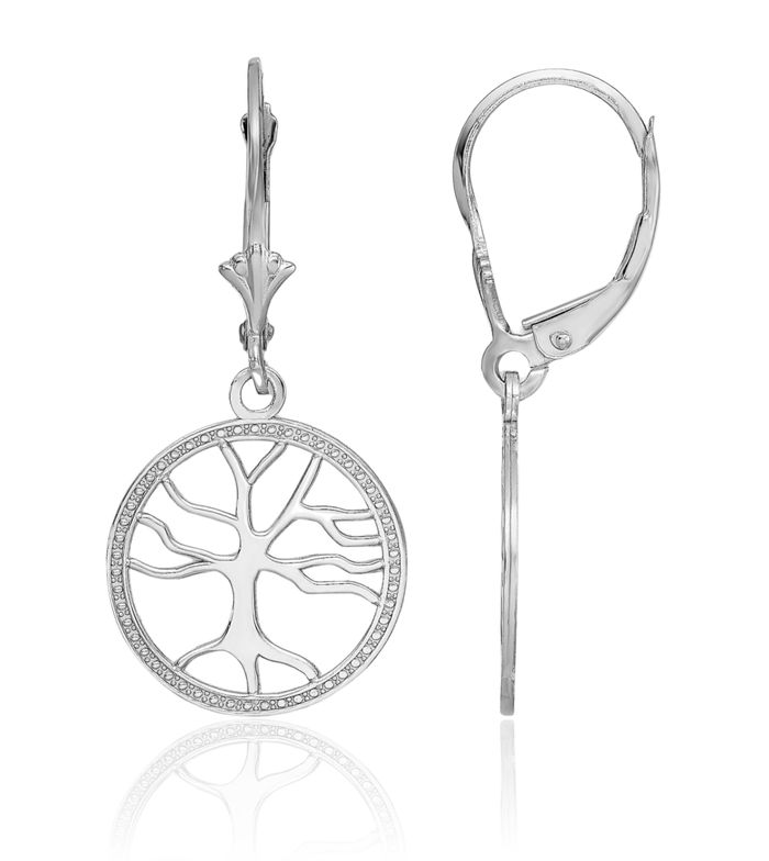 14K Solid White Gold Tree of Life Round Drop Dangle Earrings