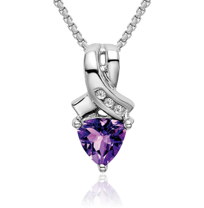 14K Solid White Gold Trillion Purple Amethyst Diamond Necklace Charm Gemstone Pendant