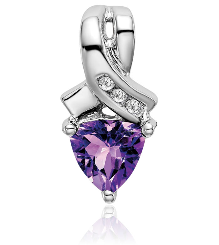 14K Solid White Gold Trillion Purple Amethyst Diamond Necklace Charm Gemstone Pendant