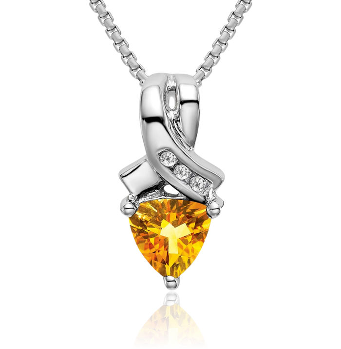 14K Solid White Gold Trillion Yellow Orange Citrine Diamond Necklace Charm Gemstone Pendant