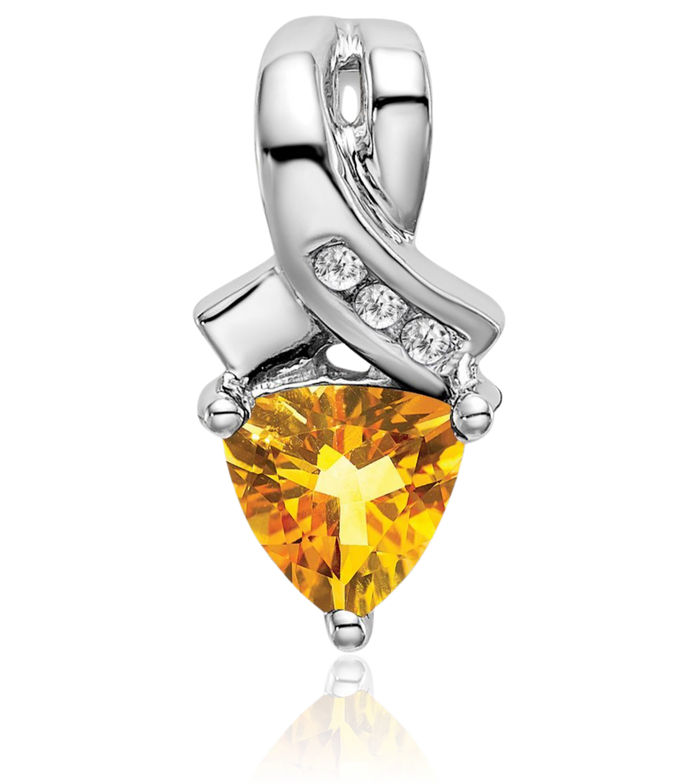 14K Solid White Gold Trillion Yellow Orange Citrine Diamond Necklace Charm Gemstone Pendant