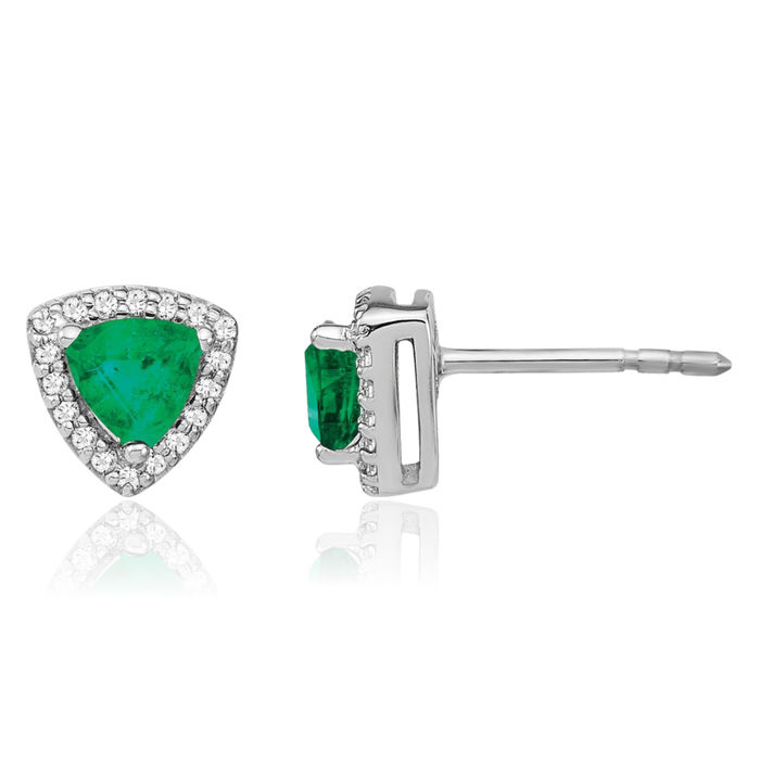 14K Solid White Gold Trillion Green Emerald Diamond Halo Round Stud Earrings May Birthstone Jewelry