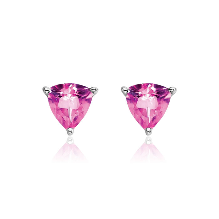 14K Solid White Gold Trillion Lab Pink Sapphire Studs Gemstone Earrings October Birthstone Jewelry