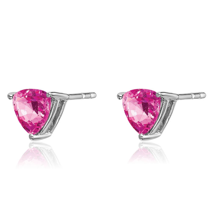 14K Solid White Gold Trillion Lab Pink Sapphire Studs Gemstone Earrings October Birthstone Jewelry