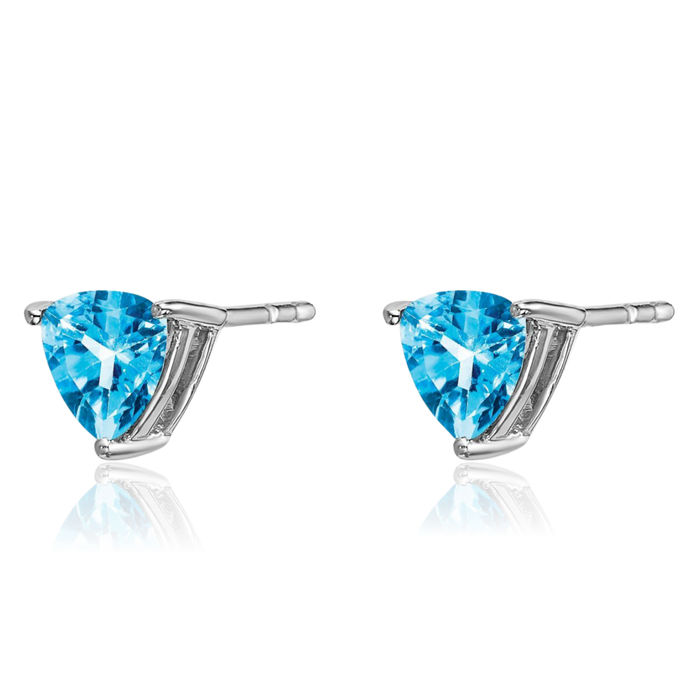 14K Solid White Gold Trillion Swiss Blue Topaz Studs Gemstone Earrings December Birthstone Jewelry