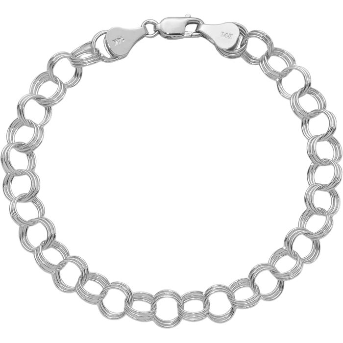 14K Solid White Gold Triple Link Chain Charm Bracelet