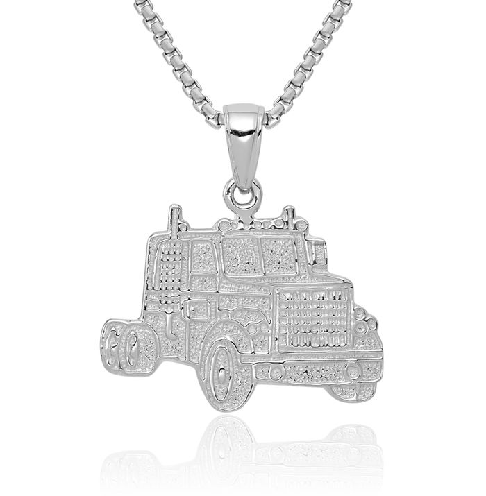 14K Solid White Gold Truck Cab Necklace Mechanic Trailer Trucker Pendant Wheeler Charm