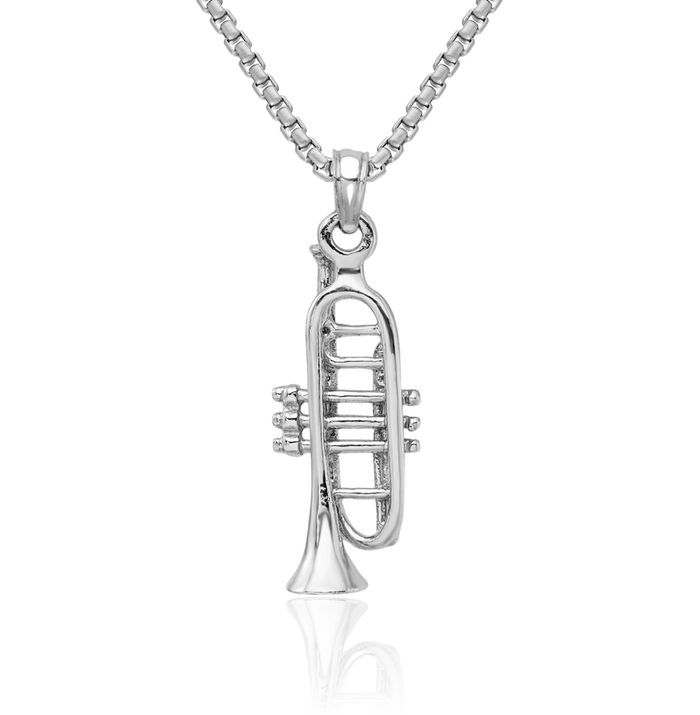 14K Solid White Gold Trumpet Necklace Chain Pendant Charm