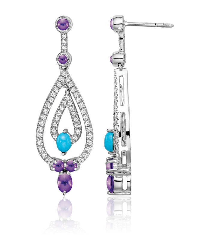 14K Solid White Gold Blue Turquoise Purple Amethyst Topaz Drop Dangle Earrings