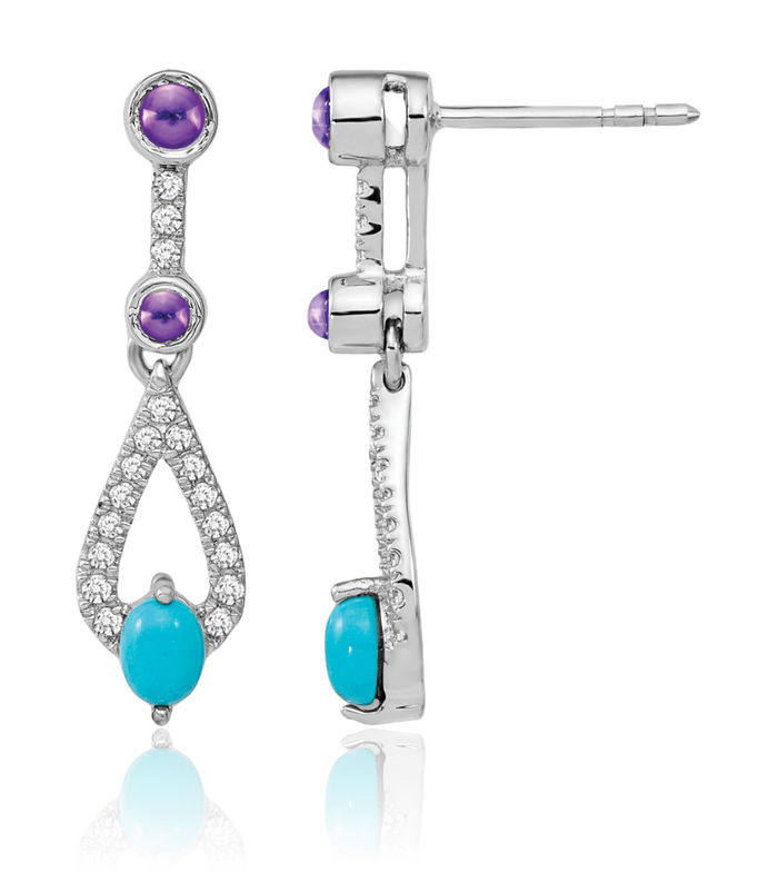 14K Solid White Gold Blue Turquoise Purple Amethyst Topaz Drop Dangle Earrings