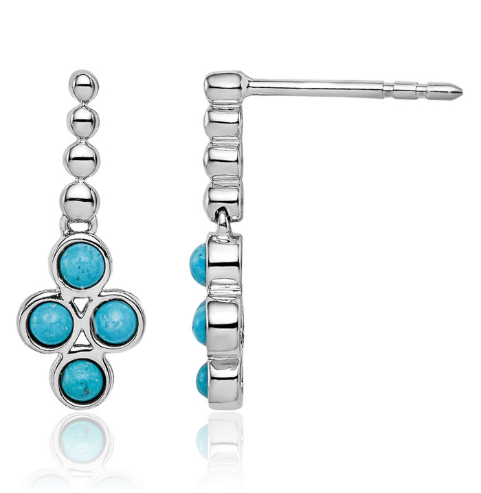 14K Solid White Gold Blue Turquoise Line Bar Drop Dangle Earrings