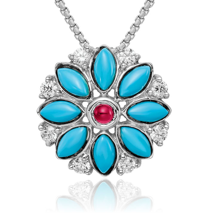 14K Solid White Gold Blue Turquoise Lab Red Ruby Topaz Flower Floating Chain Slide Gemstone Pendant Necklace Charm