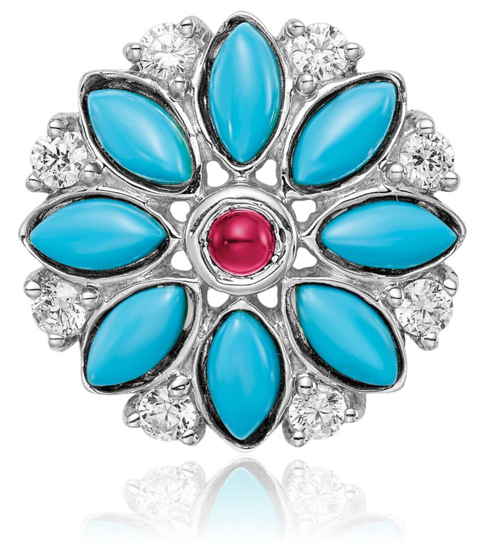 14K Solid White Gold Blue Turquoise Lab Red Ruby Topaz Flower Floating Chain Slide Gemstone Pendant Necklace Charm
