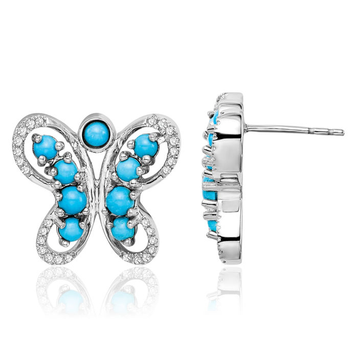 14K Solid White Gold Blue Turquoise Topaz Butterfly Wings Stud Earrings