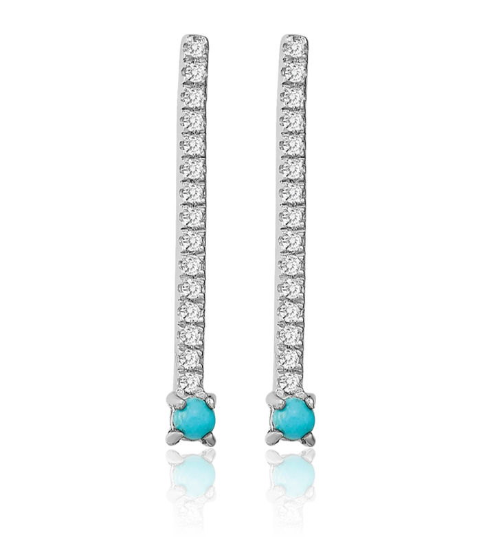 14K Solid White Gold Blue Turquoise Topaz Line Bar Drop Dangle Earrings