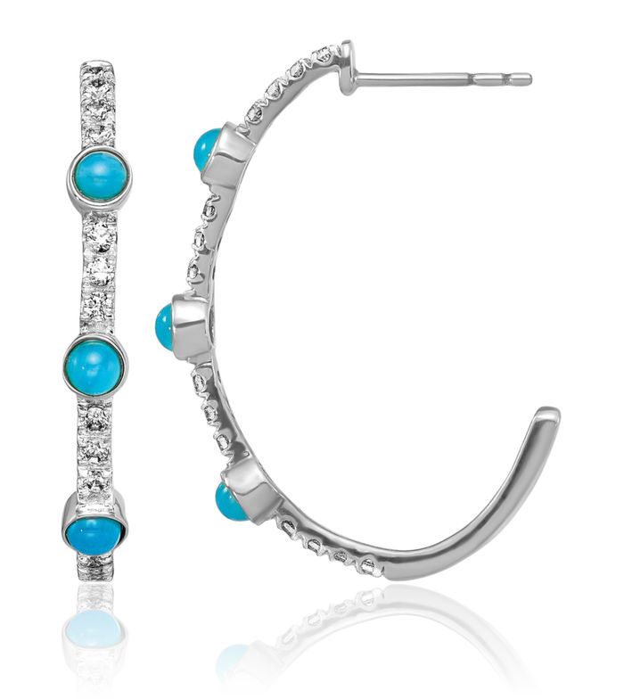 14K Solid White Gold Blue Turquoise Topaz J Hoop Earrings