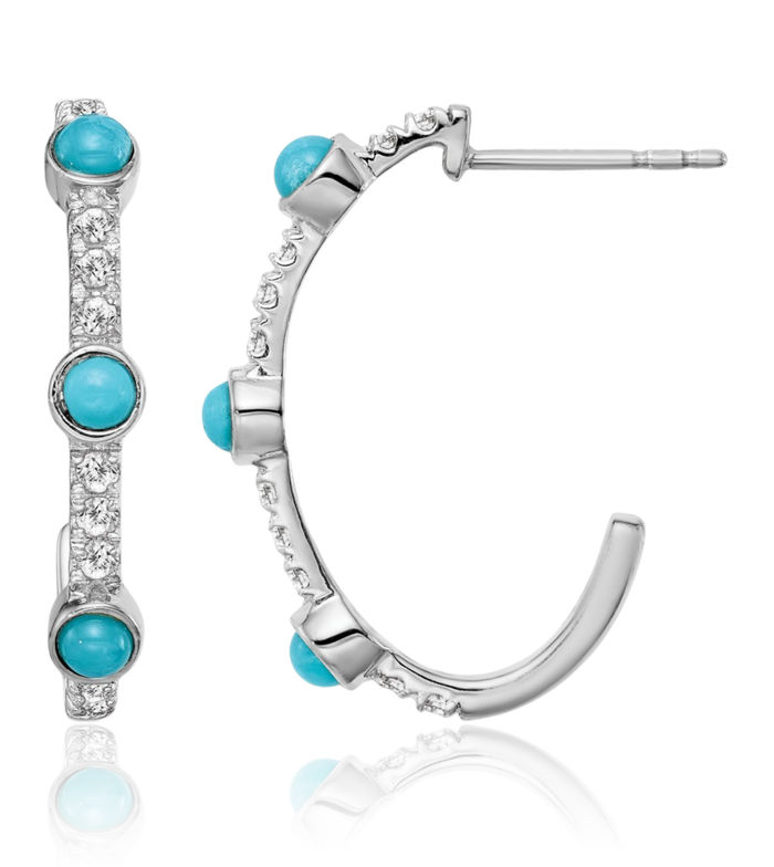 14K Solid White Gold Blue Turquoise Topaz J Hoop Earrings