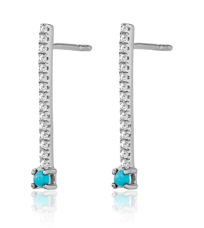 14K Solid White Gold Blue Turquoise Topaz Line Bar Drop Dangle Earrings