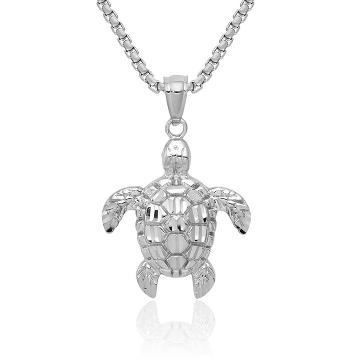 14K Solid White Gold Sea Turtle Necklace Chain Pendant Charm