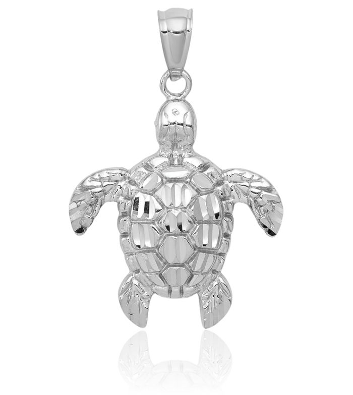 14K Solid White Gold Sea Turtle Necklace Chain Pendant Charm