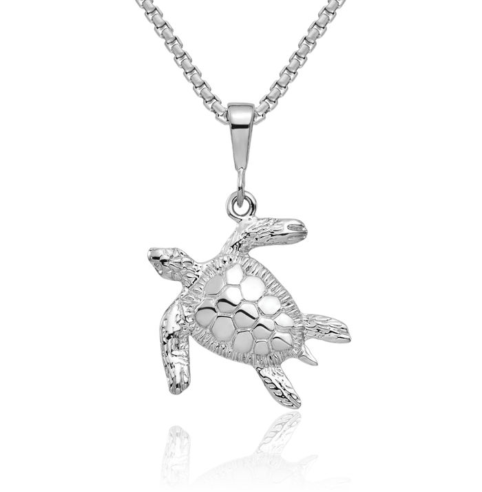 14K Solid White Gold Sea Turtle Necklace Chain Pendant Charm