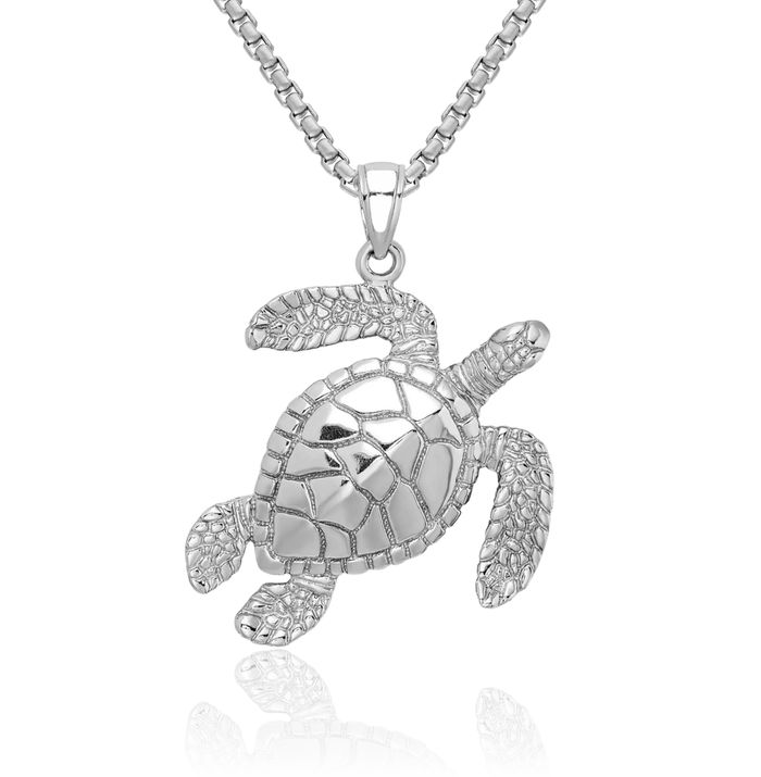 14K Solid White Gold Sea Turtle Necklace Chain Pendant Charm