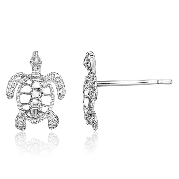 14K Solid White Gold Sea Turtle Stud Earrings