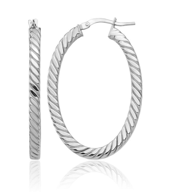 14K Solid White Gold Twisted 3mm Square Tube Oval Medium Hoop Earrings