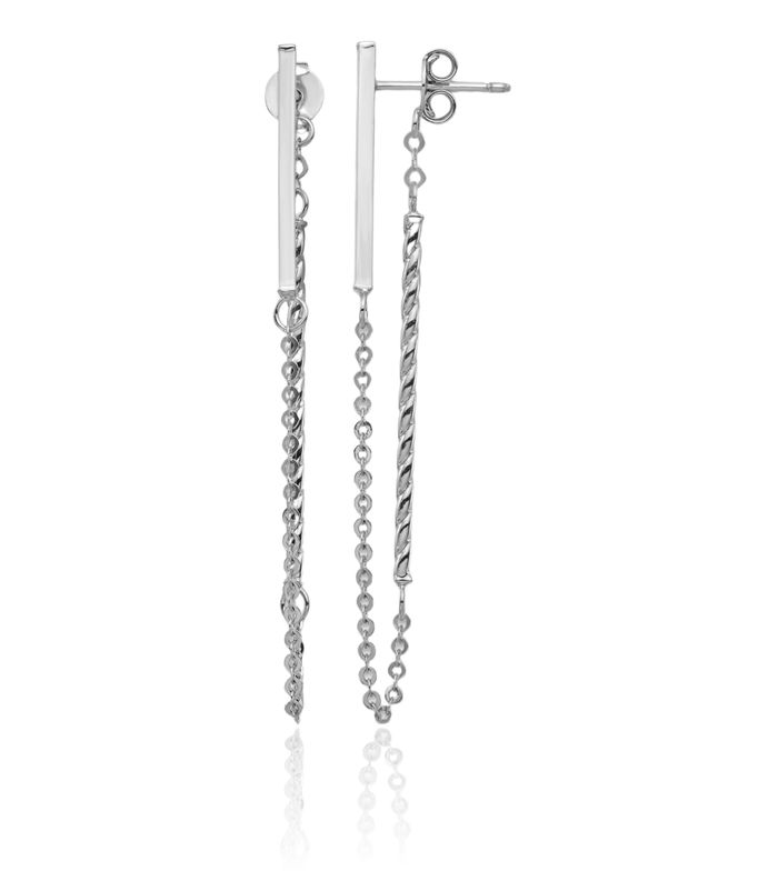 14K Solid White Gold Twisted Bar Chain Drop Dangle Line Stud Earrings