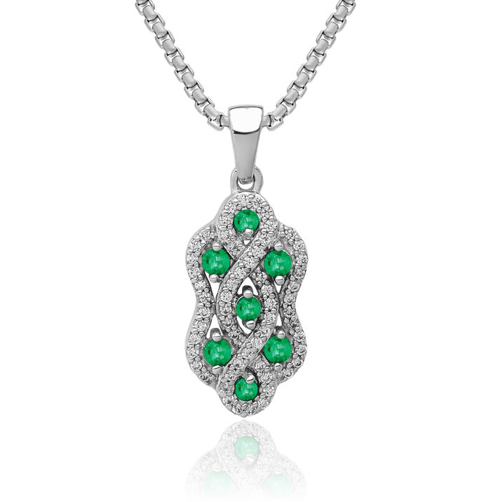 14K Solid White Gold Twisted Diamond Green Emerald Necklace Charm Gemstone Pendant