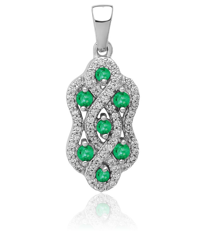 14K Solid White Gold Twisted Diamond Green Emerald Necklace Charm Gemstone Pendant