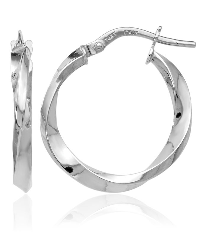 14K Solid White Gold Twisted Medium Hoop Earrings
