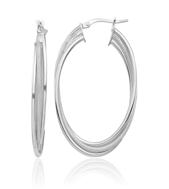 14K Solid White Gold Twisted Oval Large Hoop Earrings