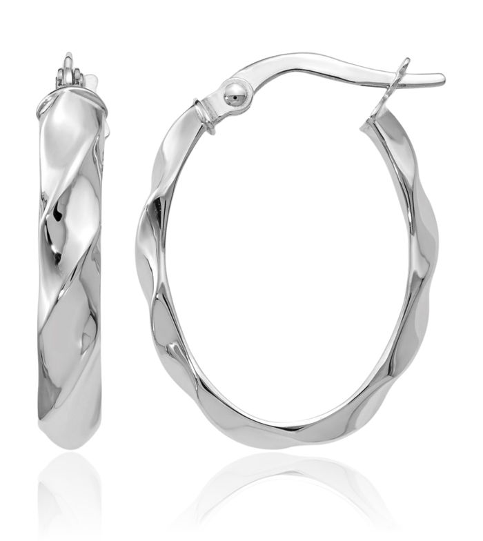 14K Solid White Gold Twisted Oval Medium Hoop Earrings