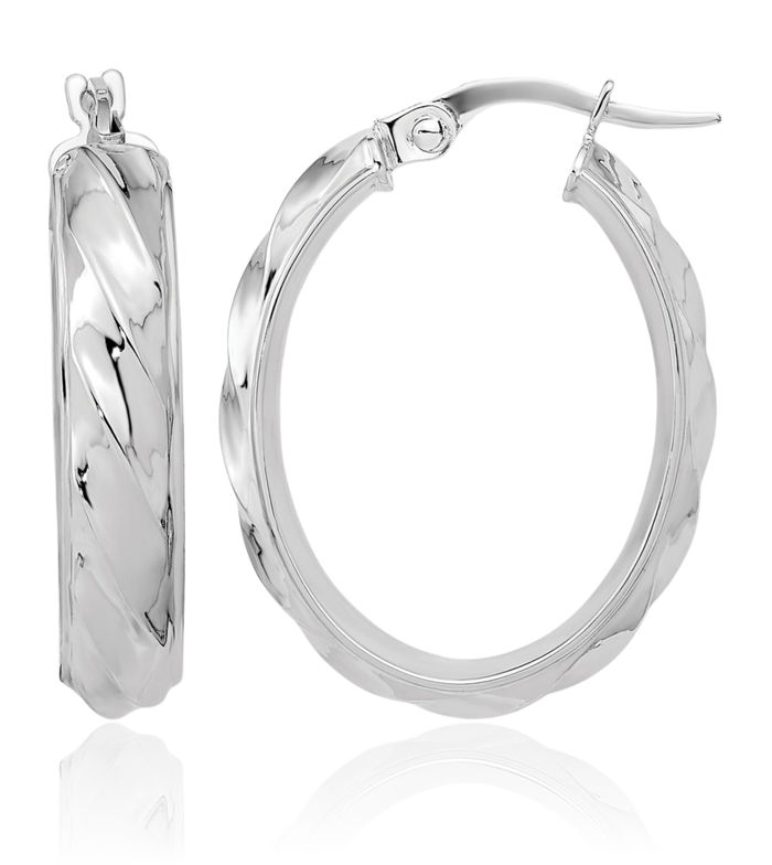 14K Solid White Gold Twisted Oval Medium Hoop Earrings