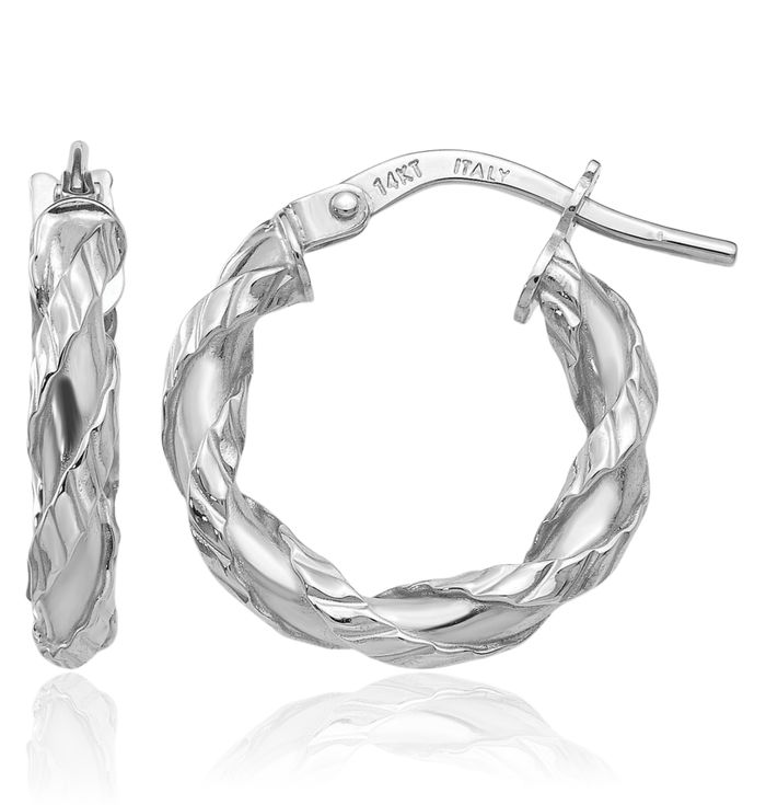 14K Solid White Gold Twisted Rope Round Small Hoop Earrings