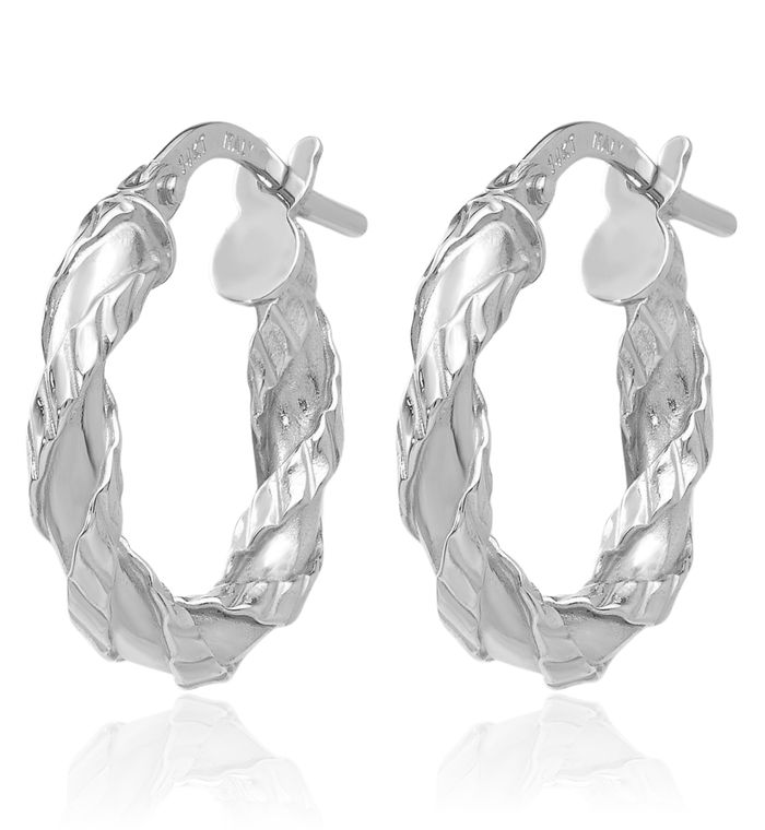 14K Solid White Gold Twisted Rope Round Small Hoop Earrings