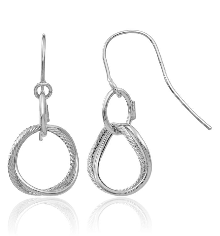 14K Solid White Gold Twisted Circle Round Drop Dangle Earrings