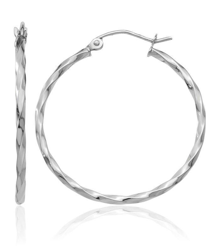 14K Solid White Gold Twisted Round Medium Hoop Earrings