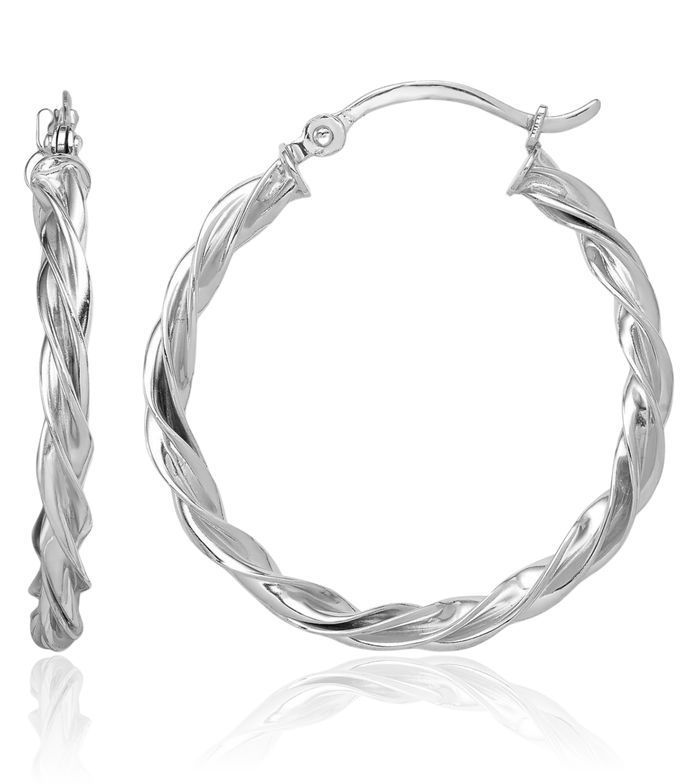 14K Solid White Gold Twisted Round Medium Hoop Earrings