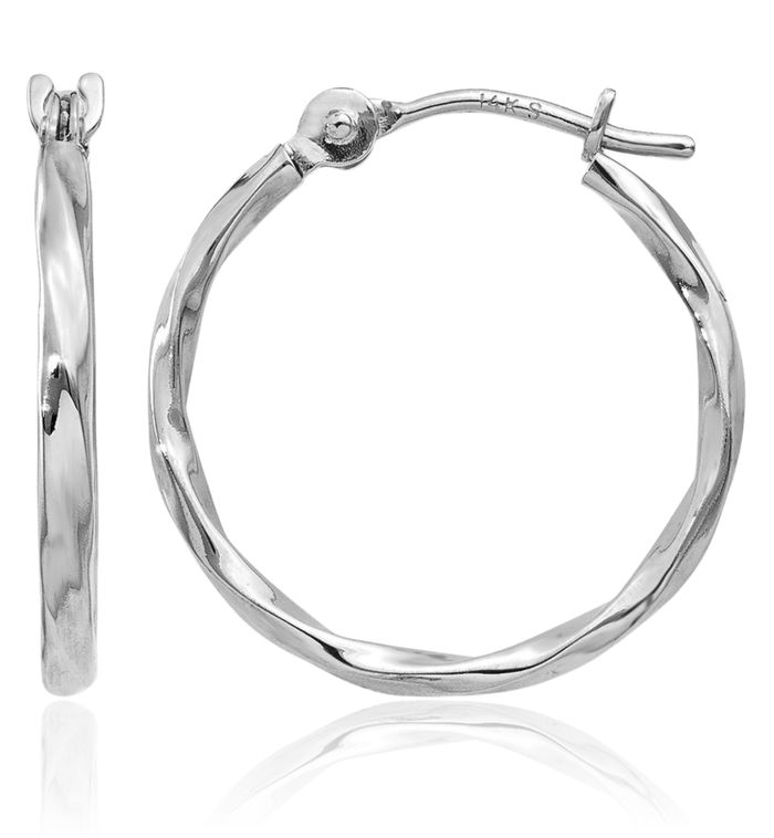 14K Solid White Gold Twisted Round Small Hoop Earrings