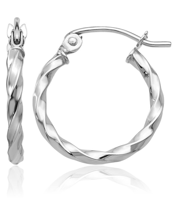 14K Solid White Gold Twisted Round Small Hoop Earrings