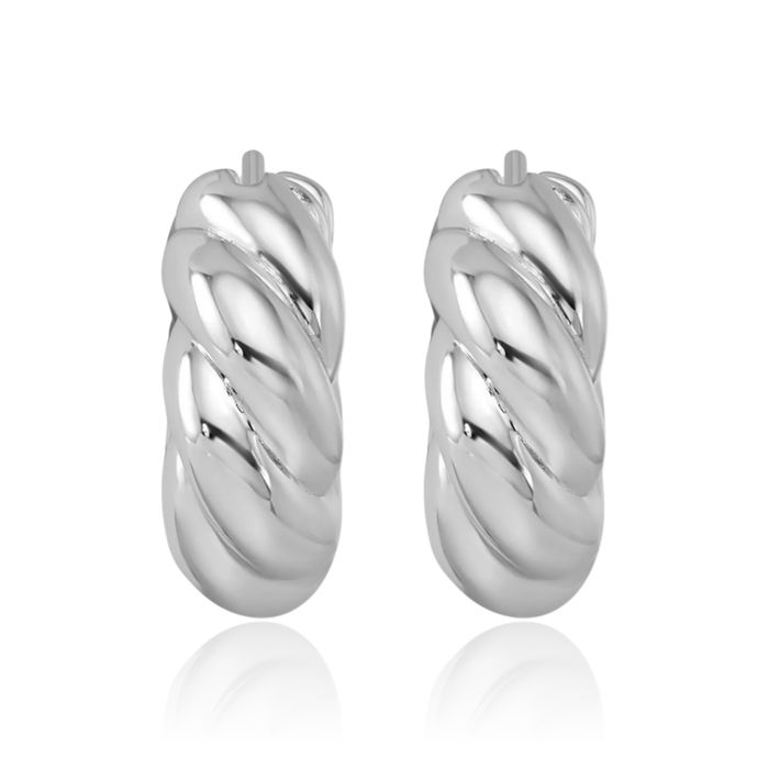 14K Solid White Gold Twisted 7.4x18.6mm Round Small Hoop Earrings