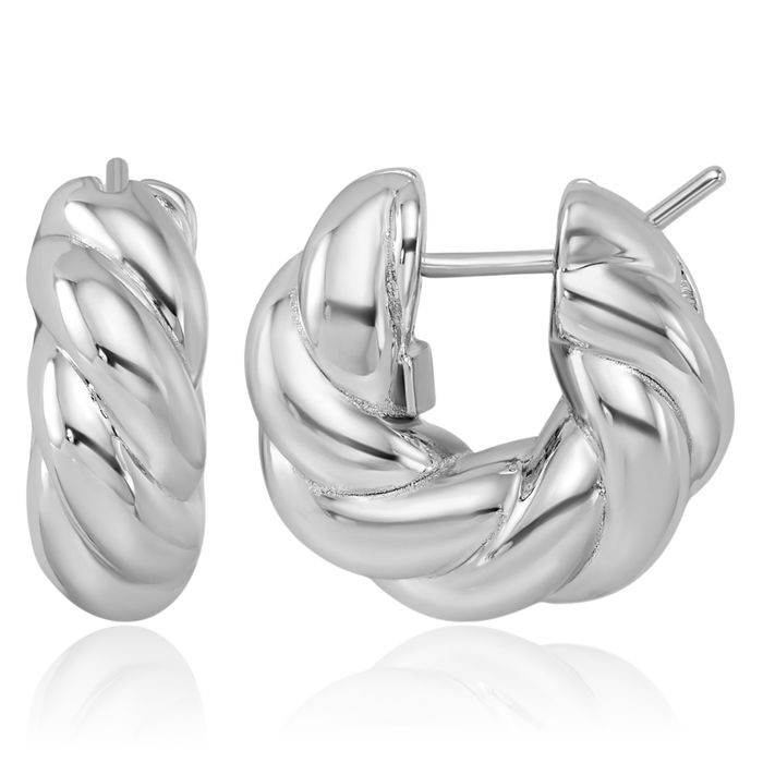 14K Solid White Gold Twisted 7.4x18.6mm Round Small Hoop Earrings