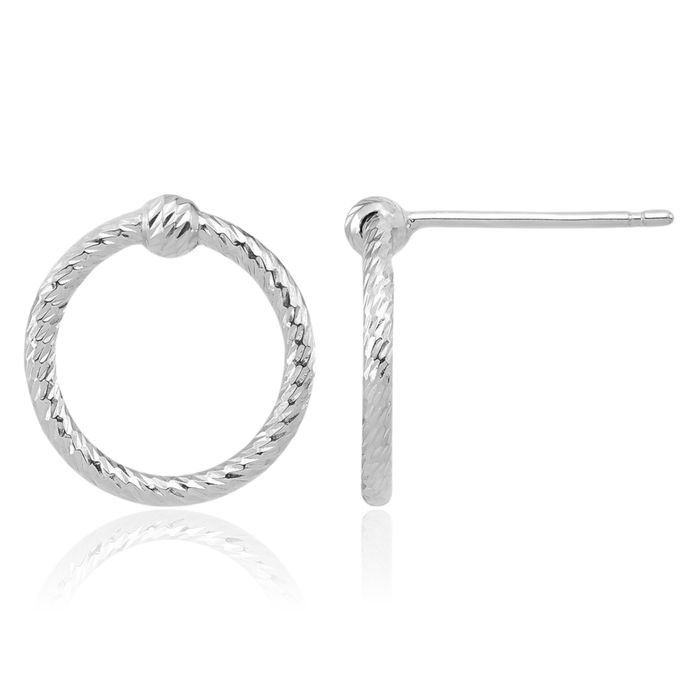 14K Solid White Gold Twisted Circle Round Stud Earrings