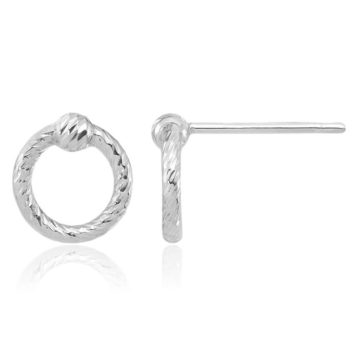 14K Solid White Gold Twisted Circle Round Stud Earrings
