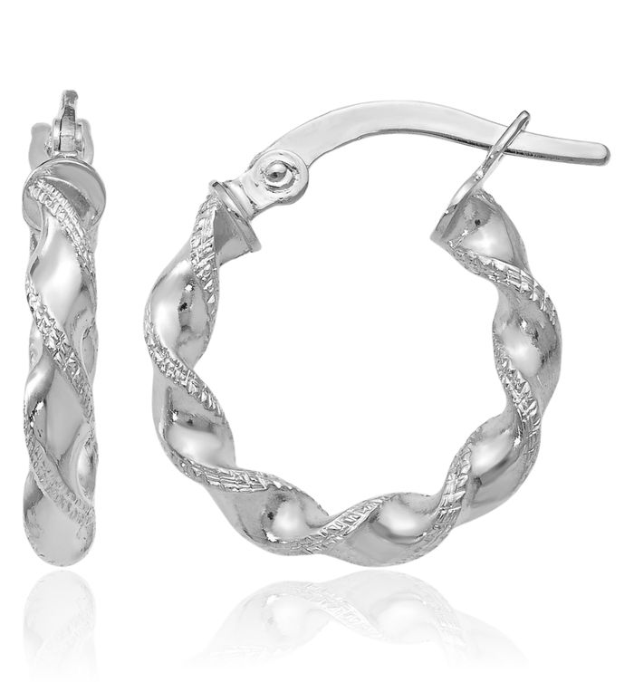 14K Solid White Gold Twisted Small Hoop Earrings