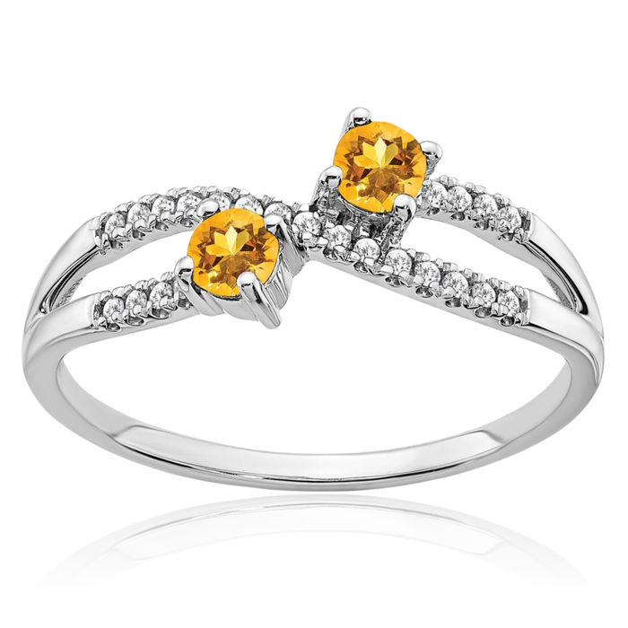 14K Solid White Gold Two Stone Yellow Orange Citrine Diamond Ring Gemstone Band November Birthstone Jewelry