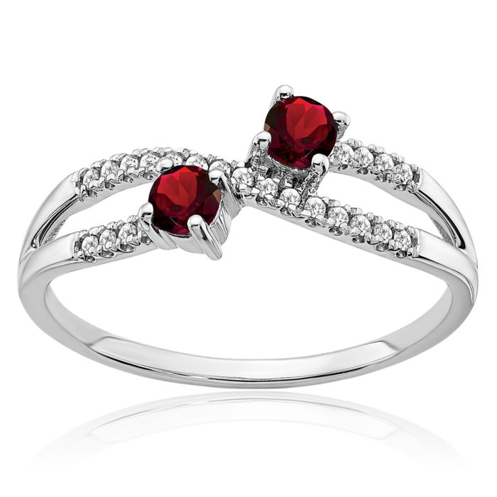 14K Solid White Gold Two Stone Red Garnet Diamond Ring Gemstone Band January Birthstone Jewelry