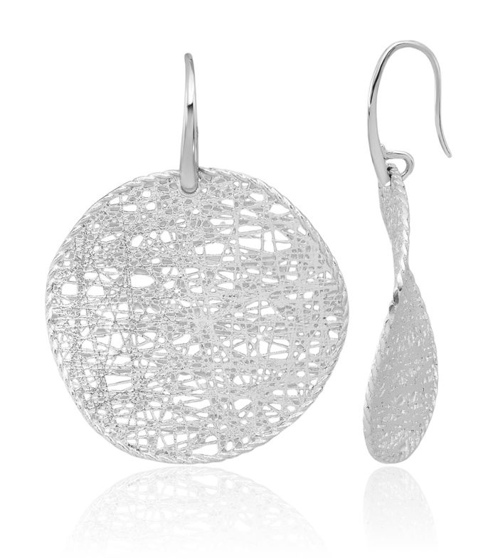 14K Solid White Gold Wavy Circle Round Shephard Hook Drop Dangle Earrings